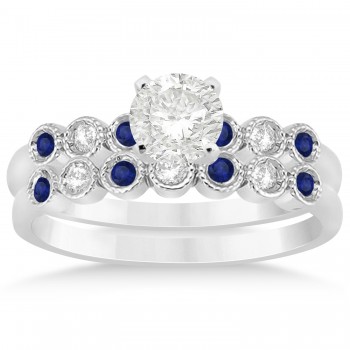 Blue Sapphire & Diamond Bezel Set Bridal Set 14k White Gold (0.19ct)