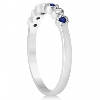 Blue Sapphire & Diamond Bezel Wedding Band 18k White Gold 0.10ct