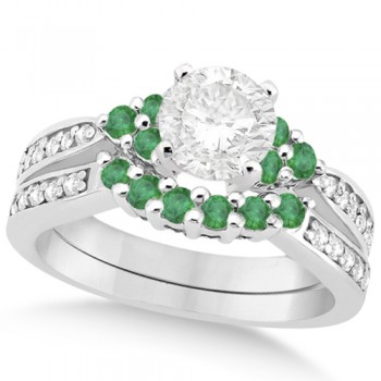 Floral Diamond & Emerald Bridal Set in 14k White Gold (1.06ct)