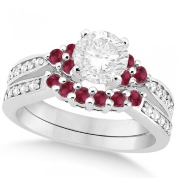 Floral Diamond & Ruby Engagement Ring & Band Palladium (1.00ct)