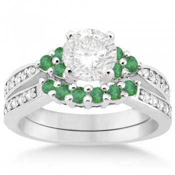 Floral Diamond and Emerald Engagement Ring & Band 18k W. Gold (0.56ct)