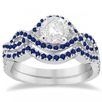 Blue Sapphire Infinity Halo Engagement Ring & Band Set Palladium (0.60ct)