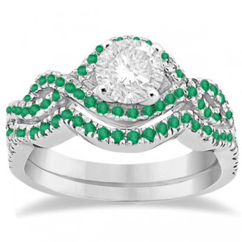 Emerald Infinity Halo Engagement Ring & Band Set 14K White Gold (0.60ct)