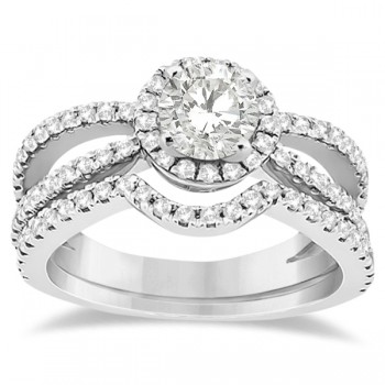 Diamond Halo Split Shank Engagement Bridal Set 14k White Gold (0.67ct)