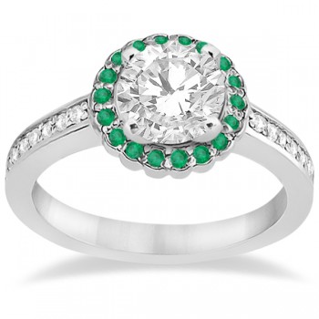 Floral Halo Diamond & Emerald Bridal Ring Set 14k White Gold (0.83ct)