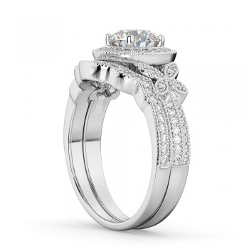 Butterfly Diamond Engagement Ring & Wedding Band 14k White Gold (0.58ct)