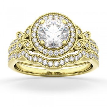 Butterfly Diamond Engagement Ring & Wedding Band 14k Yellow Gold (0.58ct)