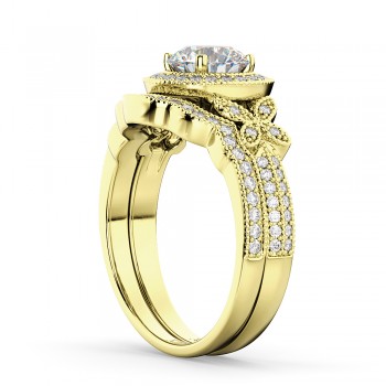 Butterfly Diamond Engagement Ring & Wedding Band 14k Yellow Gold (0.58ct)