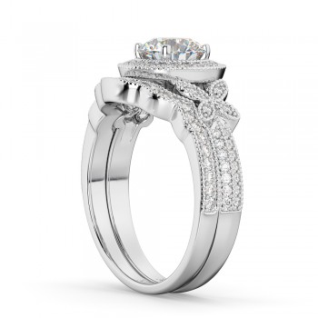Butterfly Diamond Engagement Ring & Wedding Band 18k White Gold (0.58ct)