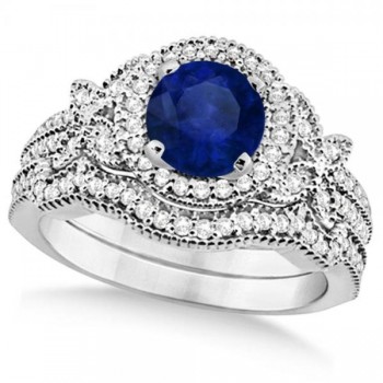 Butterfly Halo Diamond Blue Sapphire Bridal Set in 14k White Gold (1.58ct)