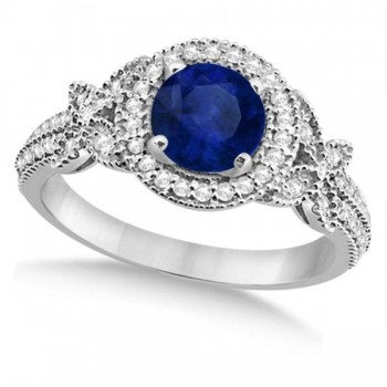 Butterfly Halo Diamond Blue Sapphire Bridal Set in 14k White Gold (1.58ct)