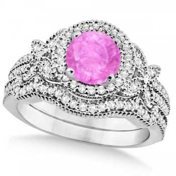 Butterfly Halo Diamond Pink Sapphire Bridal Set in 14k White Gold (1.58ct)