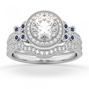 Butterfly Diamond & Sapphire Engagement Set 14k White Gold (0.50ct)