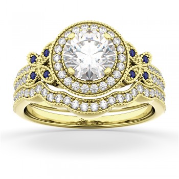 Butterfly Diamond & Sapphire Engagement Set 14k Yellow Gold (0.50ct)