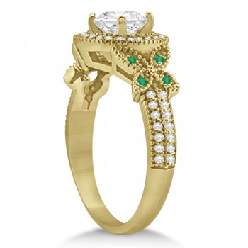 Halo Diamond & Emerald Butterfly Engagement Ring 14k Yellow Gold (0.35ct)