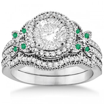 Butterfly Diamond & Emerald Engagement Ring & Band 14k White Gold (0.50ct)