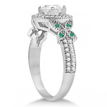 Butterfly Diamond & Emerald Engagement Ring & Band Platinum (0.50ct)