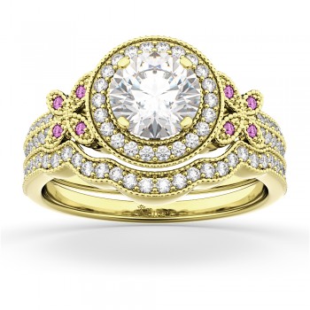 Butterfly Diamond & Pink Sapphire Engagement Set 14k Yellow Gold (0.50ct)