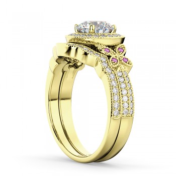 Butterfly Diamond & Pink Sapphire Engagement Set 14k Yellow Gold (0.50ct)