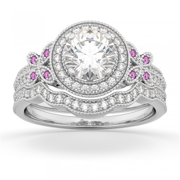 Butterfly Diamond & Pink Sapphire Engagement Set 18k White Gold (0.50ct)