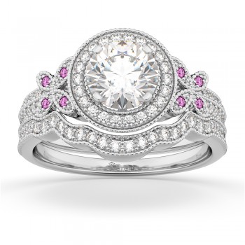 Butterfly Diamond & Pink Sapphire Engagement Set 18k White Gold (0.50ct)