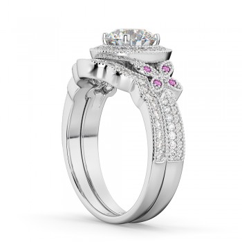 Butterfly Diamond & Pink Sapphire Engagement Set 18k White Gold (0.50ct)