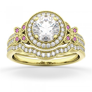 Butterfly Diamond & Pink Sapphire Engagement Set 18k Yellow Gold (0.50ct)