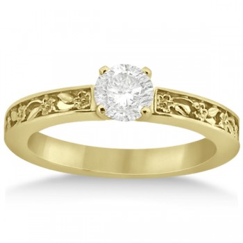 Flower Carved Solitaire Engagement Ring Setting 14kt Yellow Gold