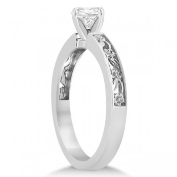 Flower Carved Solitaire Engagement Ring Setting 18kt White Gold