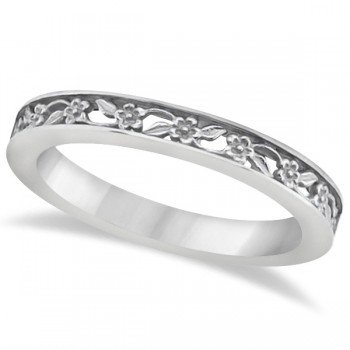 Flower Carved Wedding Ring Filigree Stackable Band 14kt White Gold