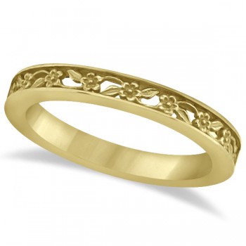 Flower Carved Wedding Ring Filigree Stackable Band 14k Yellow Gold