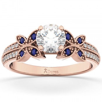 Diamond & Blue Sapphire Butterfly Engagement Ring 14K Rose Gold