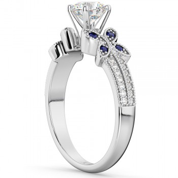 Diamond & Blue Sapphire Butterfly Engagement Ring 14K White Gold