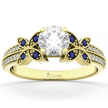 Diamond & Blue Sapphire Butterfly Engagement Ring 14K Yellow Gold