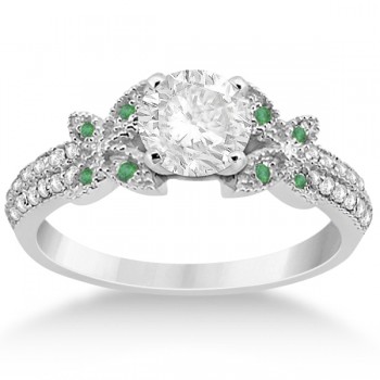 Diamond & Green Emerald Butterfly Engagement Ring 14K White Gold