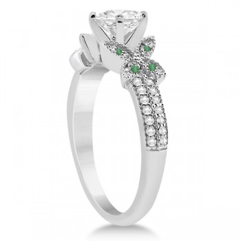 Diamond & Green Emerald Butterfly Engagement Ring 14K White Gold