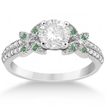 Diamond & Green Emerald Butterfly Engagement Ring 18K White Gold