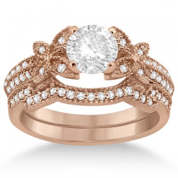 Butterfly Milgrain Diamond Ring & Wedding Band 14K Rose Gold (0.40ct)