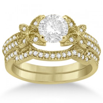 Butterfly Milgrain Diamond Ring & Wedding Band 18k Yellow Gold (0.40ct)