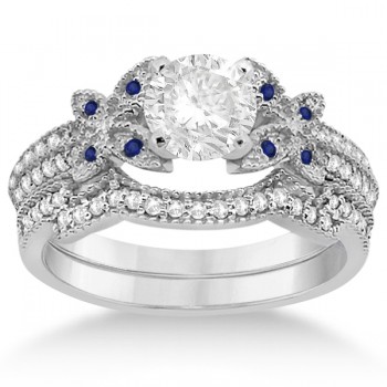 Butterfly Diamond & Blue Sapphire Bridal Set 14K White Gold (0.39ct)