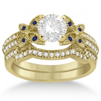 Butterfly Diamond & Blue Sapphire Bridal Set 14K Yellow Gold (0.39ct)