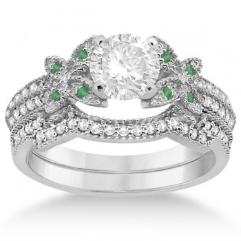 Butterfly Diamond & Emerald Bridal Set 14K White Gold (0.39ct)