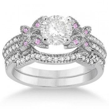 Butterfly Diamond & Pink Sapphire Bridal Set 14K White Gold (0.39ct)