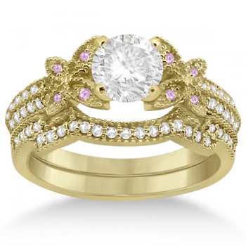 Butterfly Diamond & Pink Sapphire Bridal Set 14K Yellow Gold (0.39ct)