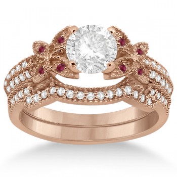 Butterfly Diamond & Ruby Bridal Set 14K Rose Gold (0.39ct)