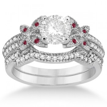 Butterfly Diamond & Ruby Bridal Set 14K White Gold (0.39ct)