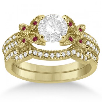 Butterfly Diamond & Ruby Bridal Set 14K Yellow Gold (0.39ct)