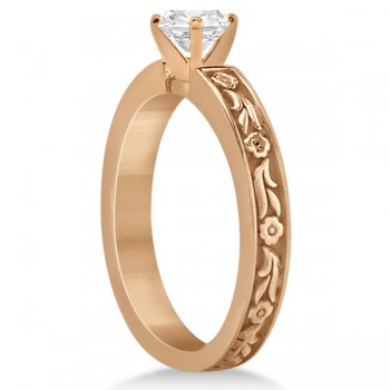 Hand-Carved Flower Design Solitaire Engagement Ring in 14k Rose Gold