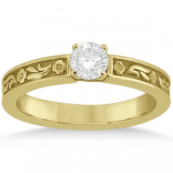 Carved Eternity Flower Design Solitaire Bridal Set in 14k Yellow Gold