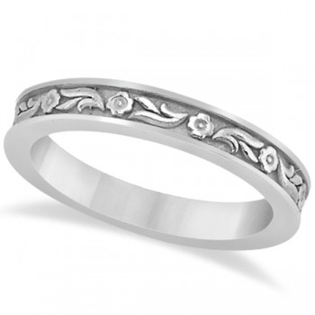 Hand-Carved Eternity Flower Design Wedding Band in 14k White Gold